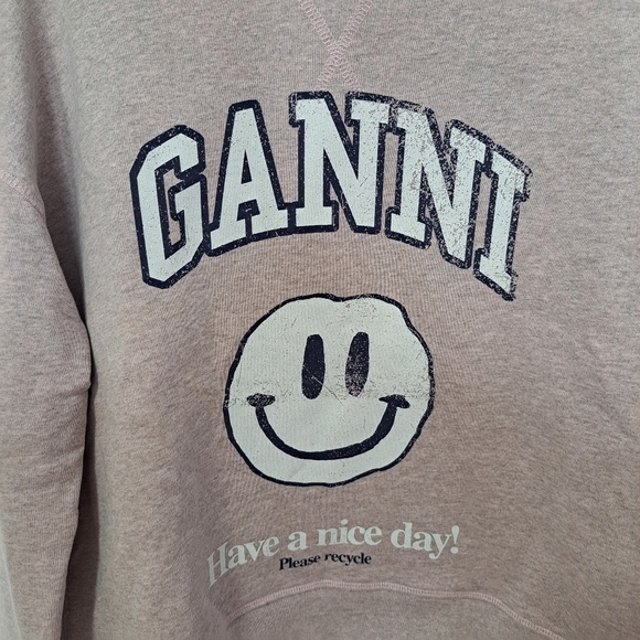 Ganni Isoli smiley face drop shoulder crewneck sweatshirt lilac XS NWOT - Picture 9 of 10